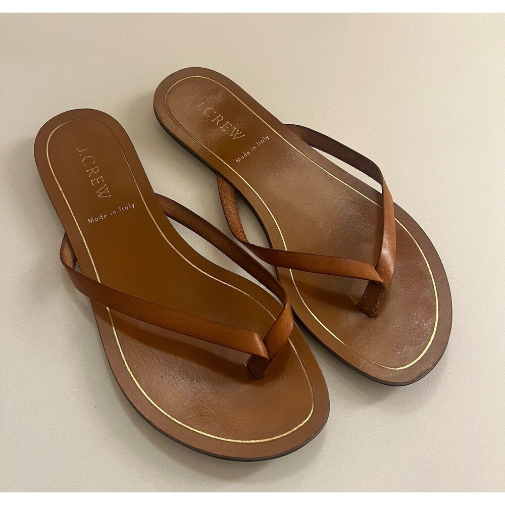 J. Crew Women’s Leather Sandals Thong Flip Flops Made Italy Tan Gold Trim Size 6